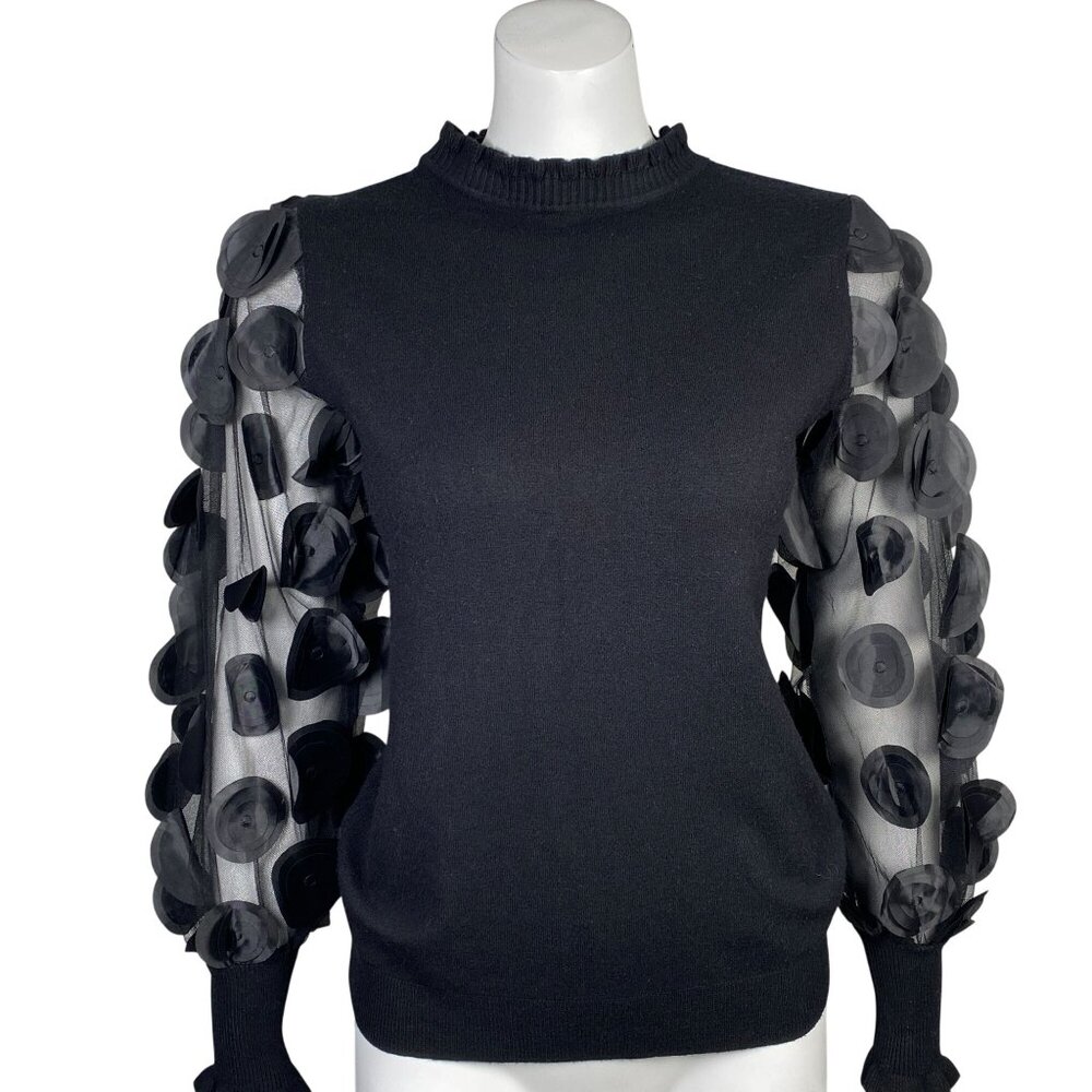 Sioni Milano Black Knit Sweater Womens Size M Embellished Sheer Sleeves